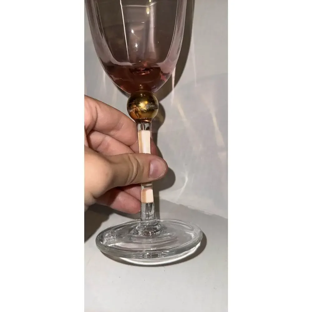 Vintage Pink Optic Fluted Wine Glasses Gold Ball Sphere Stem MCM